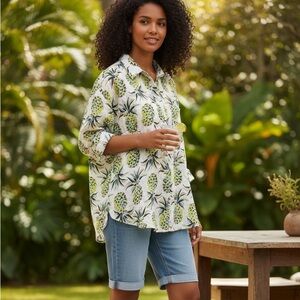 Boden White Pineapple-Print Button-Up shirt SZ 16 -18 long